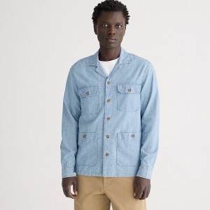 Men's J.Crew Chambray four-pocket camp-collar Overshirt Three Year Wash USA UEPWKMJ49