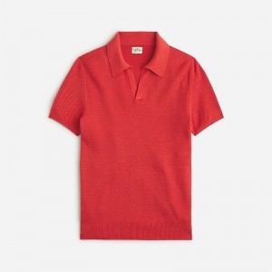 Men's J.Crew Short-sleeve cotton mesh-stitch johnny-collar sweater Polo Shirts Scarlet Tulip USA UDMOLAN48