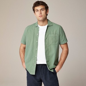 Men's J.Crew Short-sleeve garment-dyed seersucker camp-collar Shirts Dark Ivy USA IXRMCBJ74