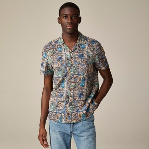 Men's J.Crew Short-sleeve slub cotton-linen blend camp-collar Shirts Cindy Batik Brown Blue USA KPDQYBO95