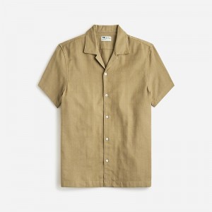 Men's J.Crew Short-sleeve textured cotton camp-collar Shirts Khaki USA BXYJLQK95