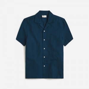 Men's J.Crew Short-sleeve textured cotton camp-collar Shirts Deep Navy USA HCOXPKZ98