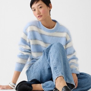 Women's J.Crew Brushed cashmere relaxed crewneck Sweaters Chambray Ivory Grey USA SNAQKBF94