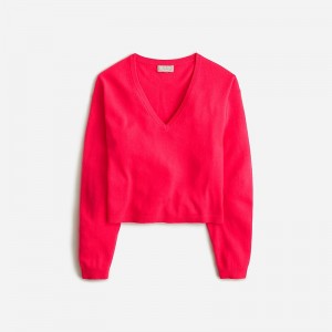 Women's J.Crew Cashmere relaxed cropped V-neck Sweaters Neon Berry Red USA DZELPSA69