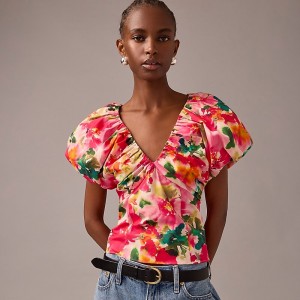 Women's J.Crew Cecily floral stretch cotton poplin blend Tops Pink Multi Floral USA VACZFQT36