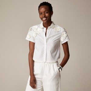 Women's J.Crew Collection cropped button-up shirt with floral appliqués Shirts White USA UJENHXZ15