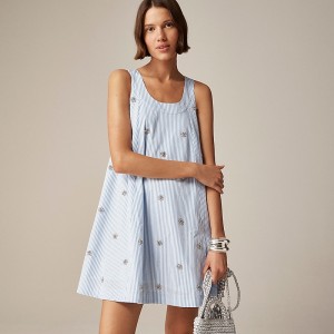 Women's J.Crew Collection embellished shift cotton poplin Dress Soft Blue Bi Stripe USA HLIKDCE72