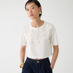 Women's J.Crew Cropped T-shirt with crochet floral appliqués T-shirts Ivory USA RTNYEXJ21