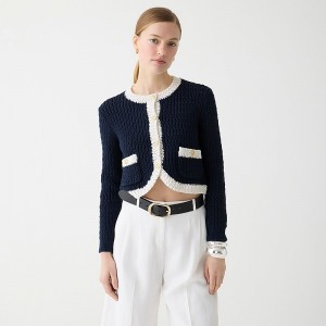 Women's J.Crew Cropped sweater lady jacket with contrast trim Jackets Navy White USA ULRPJWH36