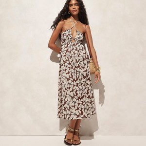 Women's J.Crew Cutout halter beach floral cotton voile Dress Chocolate Floral USA EDQXHBW37