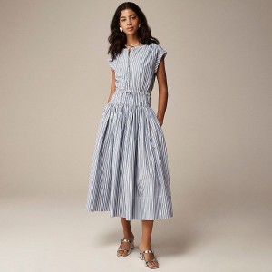 Women's J.Crew Drop-waist midi striped cotton poplin Dress Blue USA UYGIFBV58