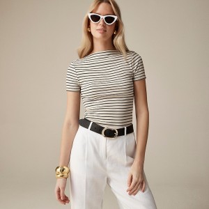 Women's J.Crew Fine-rib fitted boatneck T-shirts Alexa Stripe Natural Bl USA WNVHDPZ16