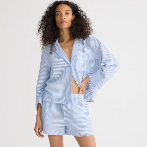 Women's J.Crew Long-sleeve short set striped linen-cotton blend Pajamas Blue USA KPVRMXO51