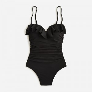 Women's J.Crew Matte ruched one-piece with ruffles Swimsuit Black USA LSDURYB52