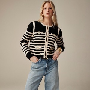 Women's J.Crew Odette sweater lady striped bouclé Jackets Black Moroccan Sand USA HAGWXYJ49