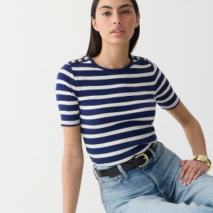 Women's J.Crew Perfect-fit elbow-sleeve with gold buttons T-shirts Carter Stripe Evening USA UJQEYMH87