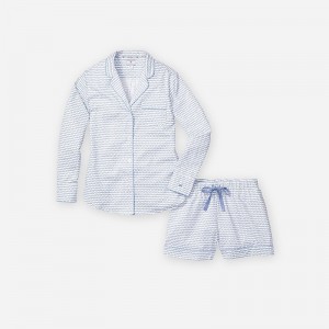 Women's J.Crew Petite Plume™ La Mer long-sleeve short set Pajamas Blue USA KRWXAYU86