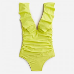 Women's J.Crew Ruched ruffle one-piece Swimsuit Lemon Sorbet USA FIADPTK78