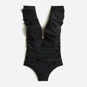 Women's J.Crew Ruched ruffle one-piece Swimsuit Black USA EPCFAWG59