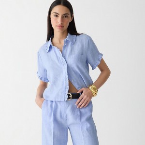 Women's J.Crew Ruffle-trim button-up Shirts French Blue USA GOUXNMR02