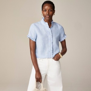 Women's J.Crew Ruffle-trim button-up Shirts Blue USA QUZHFRP13