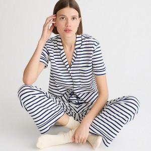 Women's J.Crew Short-sleeve pajama pant set dreamy cotton blend Pajamas Ivory Dark Evening USA QZFIUTB85