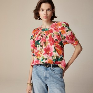 Women's J.Crew Smock-neck puff-sleeve floral cotton poplin Tops Pink Multi Floral USA PDHCQTJ68