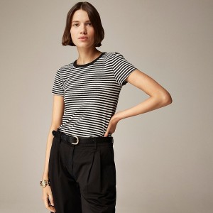 Women's J.Crew Stretch linen-blend crewneck T-shirts Jade Stripe Black Natur USA YHJUIGE84