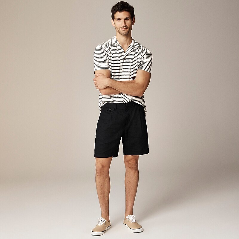 Men's J.Crew 7.5'' pleated linen Shorts Black USA BWGVRDQ87