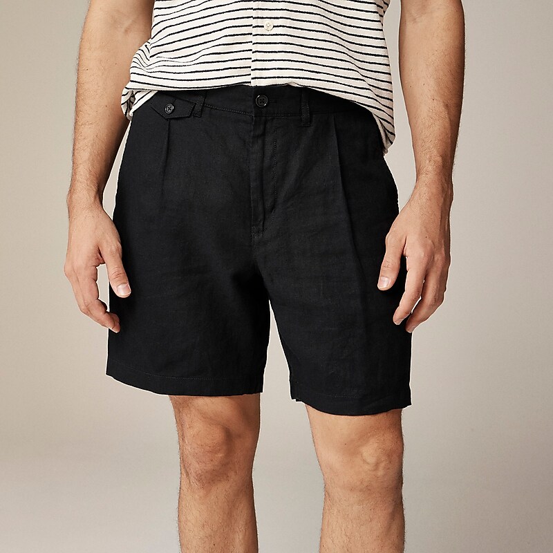 Men\'s J.Crew 7.5\'\' pleated linen Shorts Black USA BWGVRDQ87