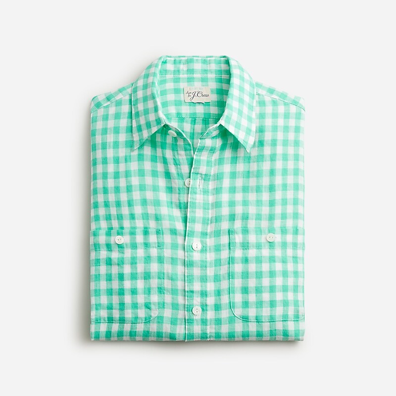 Men\'s J.Crew Baird McNutt Irish linen two-pocket Workshirt Kells Gingham Aqua USA DKOBFUM02