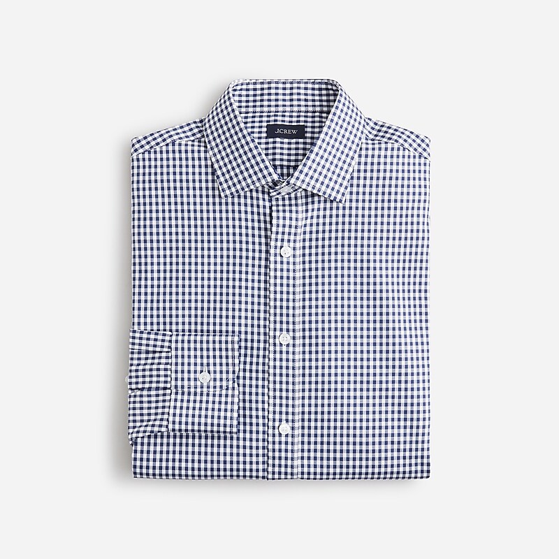 Men\'s J.Crew Bowery performance stretch with spread collar Dress Shirts Toby Gingham White Navy USA QESPVLG35