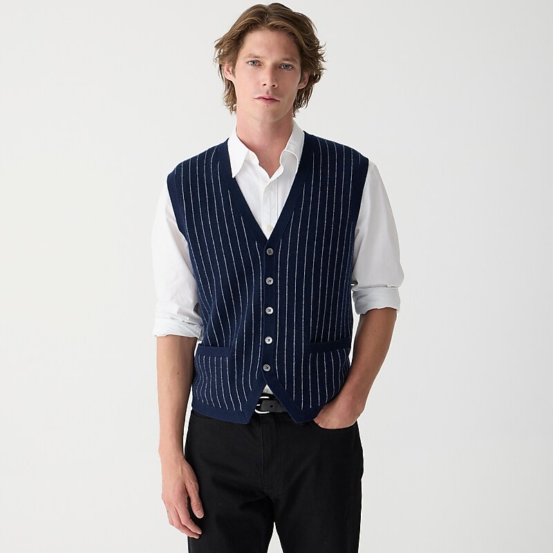 Men\'s J.Crew Cashmere-blend cardigan sweater Vest Navy Hthr Grey Stripe USA OXAHZNM57