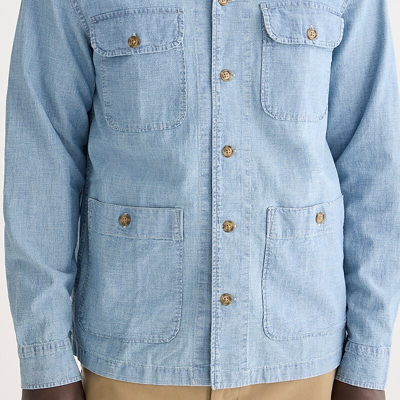 Men's J.Crew Chambray four-pocket camp-collar Overshirt Three Year Wash USA UEPWKMJ49