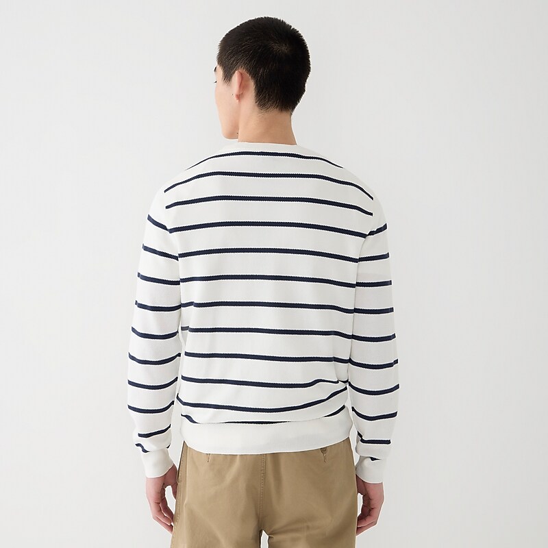 Men's J.Crew Cotton piqué-stitch crewneck Sweaters Ivory Navy Stripe USA JAFYZSK30