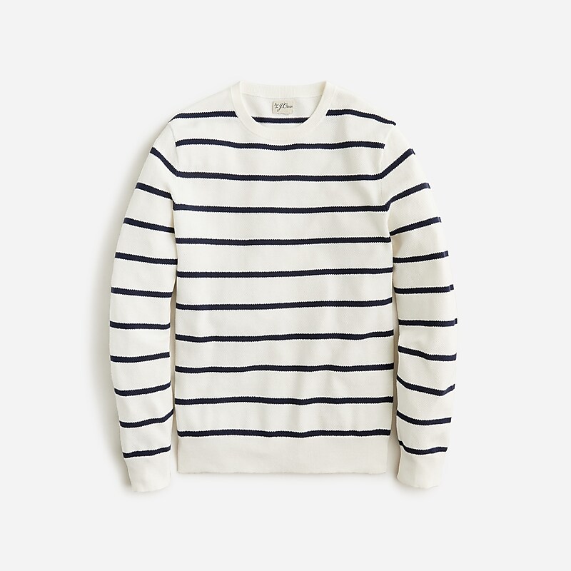 Men\'s J.Crew Cotton piqué-stitch crewneck Sweaters Ivory Navy Stripe USA JAFYZSK30