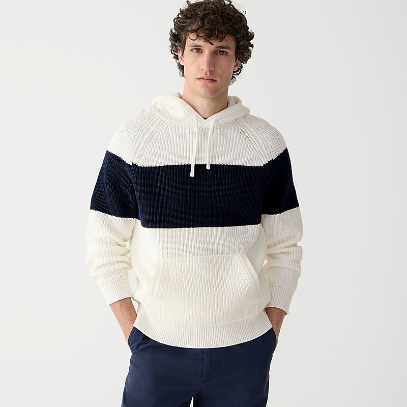 Men\'s J.Crew Cotton shaker-stitch hooded Sweaters Sea Salt Darkest Indigo USA HCUAFQL93