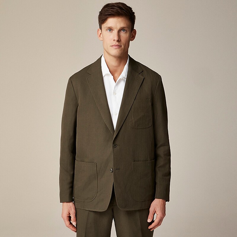 Men's J.Crew Kenmare Relaxed-fit unstructured cotton-linen blend herringbone Suit Jacket Olive USA WFVGSHX80