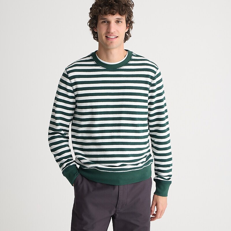 Men\'s J.Crew Long-sleeve textured sweater T-shirts Green Ivory Prep Stripe USA JBCEXYT56