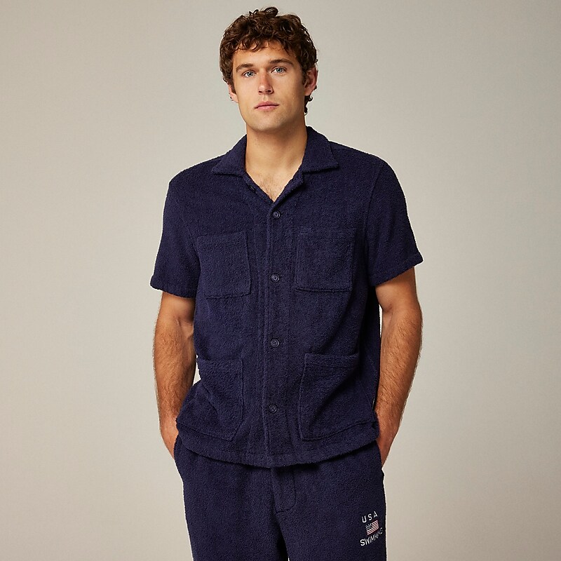 Men's J.Crew Pre-order Limited-edition USA Swimming® X J.Crew terry cloth four-pocket graphic camp-collar Shirts Deep Navy USA BDTHSLU08