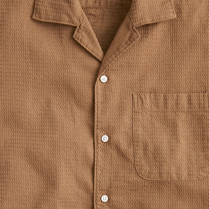 Men's J.Crew Relaxed short-sleeve textured cotton camp-collar Shirts Dark Caramel USA YNHLSGB64