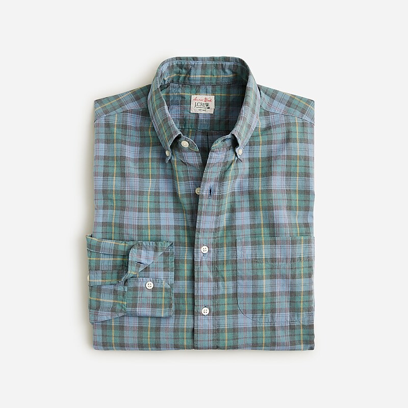 Men\'s J.Crew Secret Wash cotton poplin Shirts Henry Tartan Blue Green USA AWFVHND10