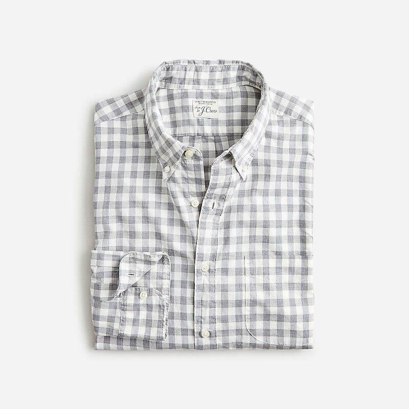 Men\'s J.Crew Secret Wash cotton poplin Shirts Bleecker Gingham Grey USA MWGVQJR51