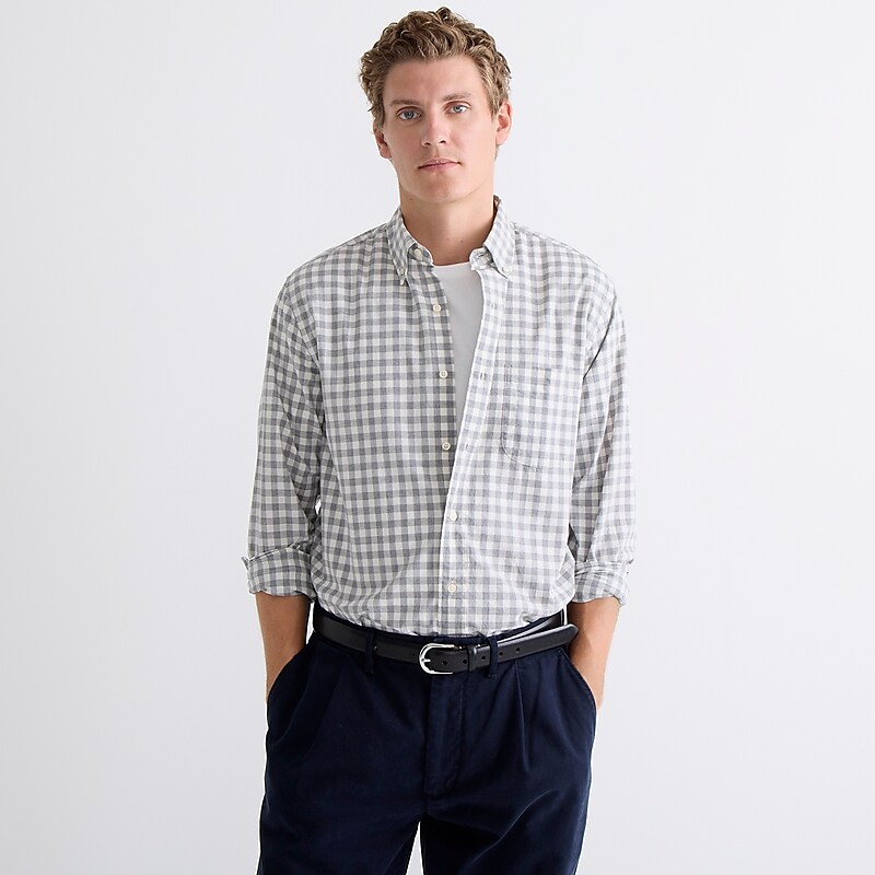 Men's J.Crew Secret Wash organic cotton poplin Shirts Bleecker Gingham Grey USA KEYOGDN68