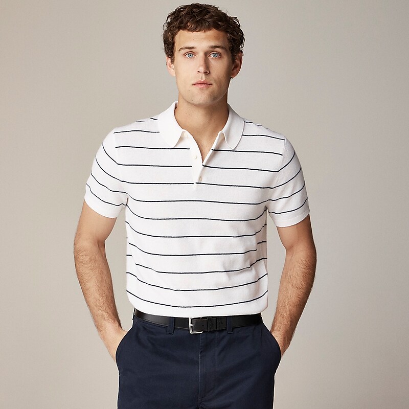 Men\'s J.Crew Short-sleeve cashmere sweater Polo Shirts Ivory Navy Stripe USA JPOQUIV45