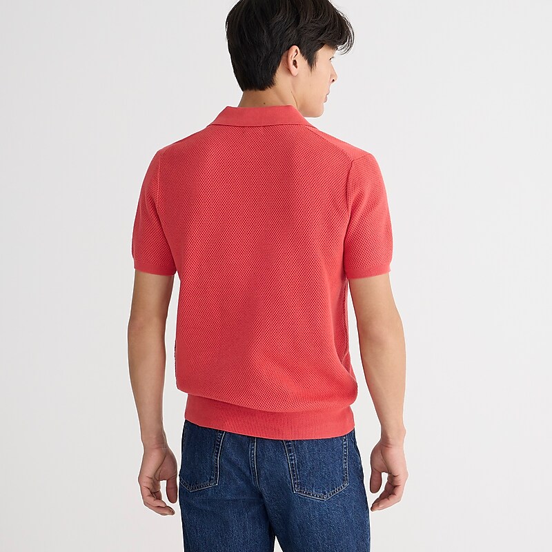 Men's J.Crew Short-sleeve cotton mesh-stitch johnny-collar sweater Polo Shirts Scarlet Tulip USA UDMOLAN48