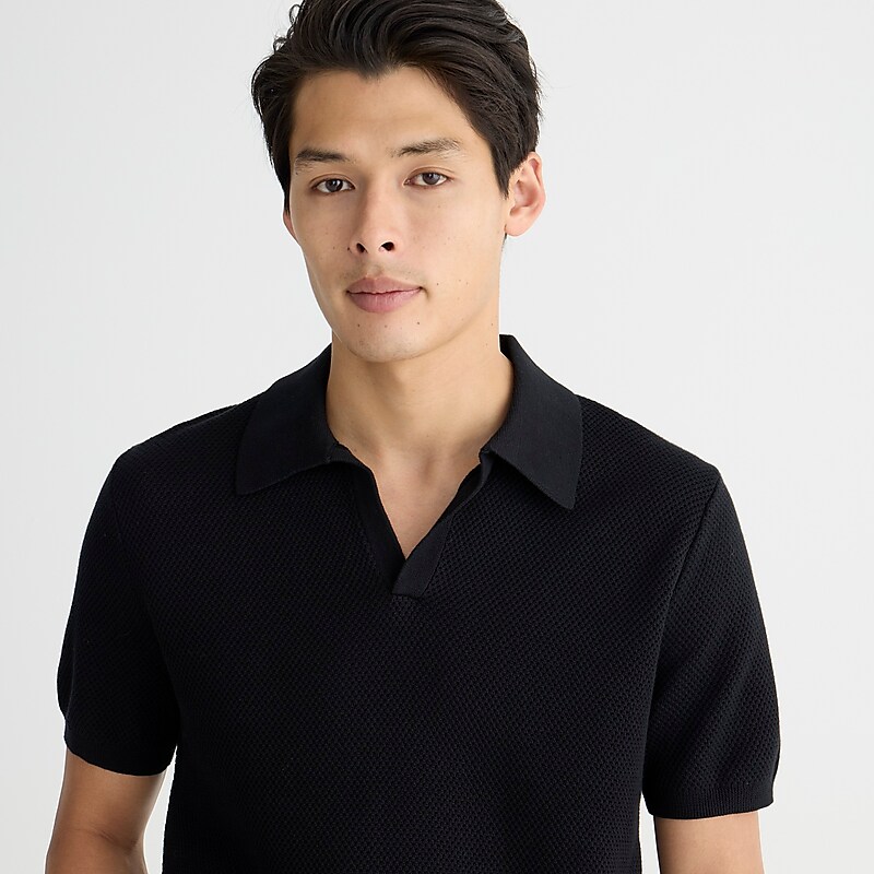 Men's J.Crew Short-sleeve cotton mesh-stitch johnny-collar sweater Polo Shirts Black USA UBXMOJE41