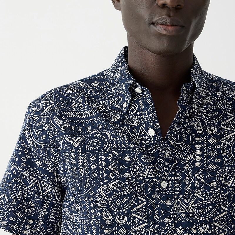 Men's J.Crew Short-sleeve cotton-linen blend Shirts Ocean Batik Indigo Natu USA NEGXHIA39