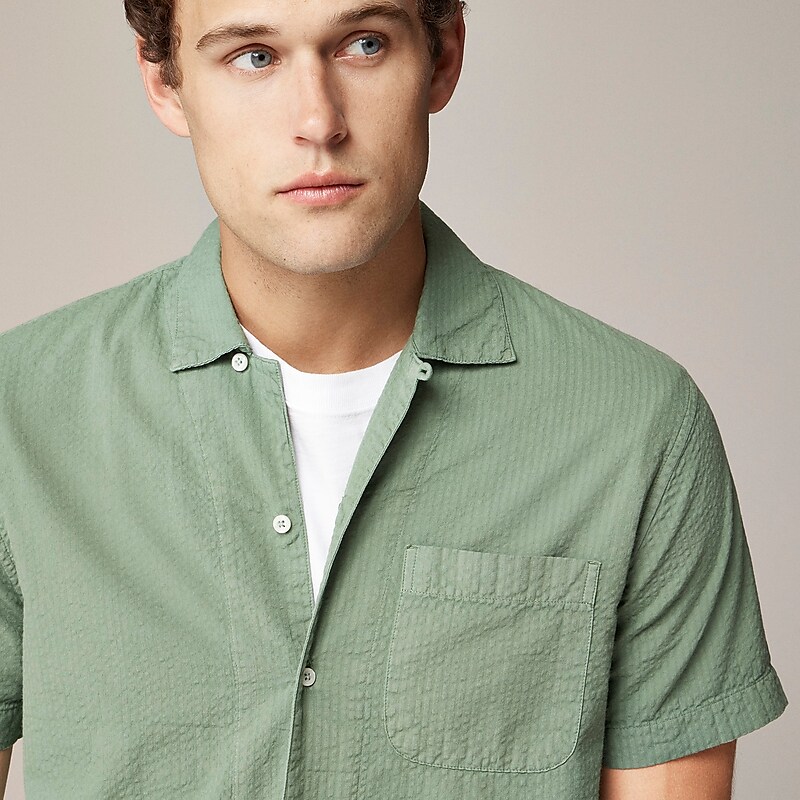 Men's J.Crew Short-sleeve garment-dyed seersucker camp-collar Shirts Dark Ivy USA IXRMCBJ74