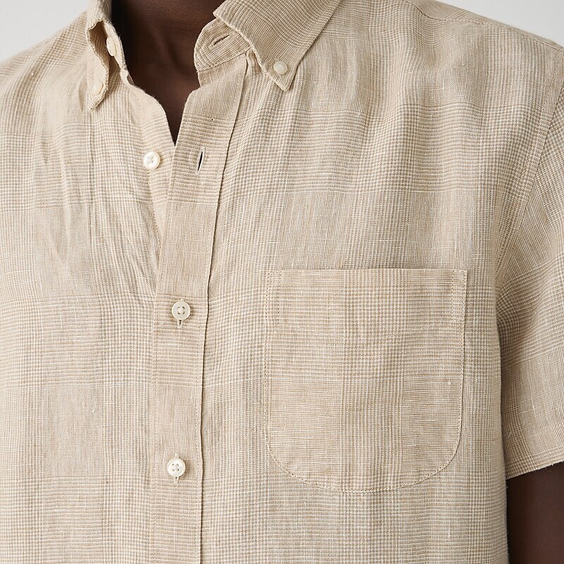 Men's J.Crew Short-sleeve linen Shirts Downing Glen Plaid Tan USA EIKXCTO41